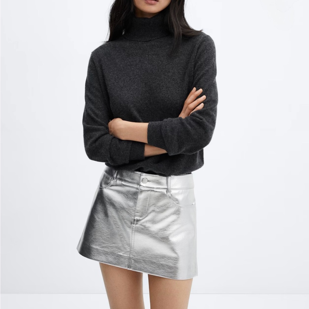 Mango Metallic Leather-effect Mini Skirt, Silver, Size M
